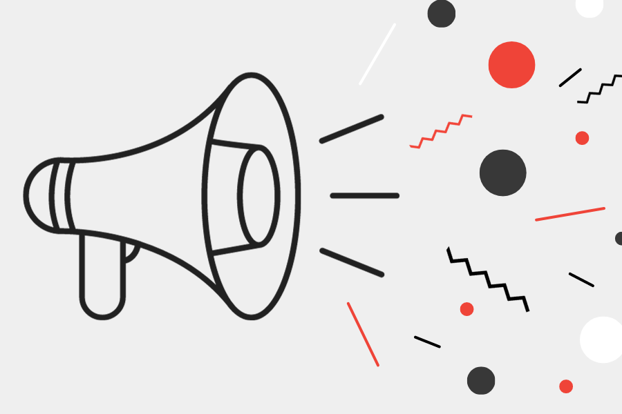Line drawing of a megaphone with colorful abstract shapes around it